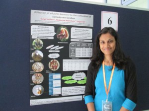 Surya MUDAVASSERIL SUDHEER and her poster titled Utilisation of Oil Palm Biomass for the Cultivation of Ganoderma Lucidum 